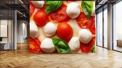 Freshly baked pizza margherita with gooey mozzarella, ripe tomatoes, and fragrant basil leaves. Perfect mix of flavors and colors for a satisfying meal. Cheesy, juicy goodness for any occasion Wall mural