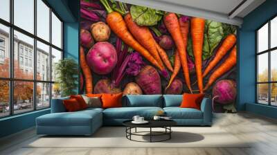 Freshly harvested beetroots, carrots and potatoes are lying on dark background forming colorful vegetable composition. Image is shot from directly above Wall mural