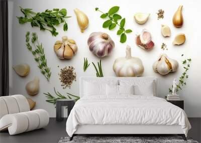 Garlic and herbs isolated on white background, top view, generative AI Wall mural