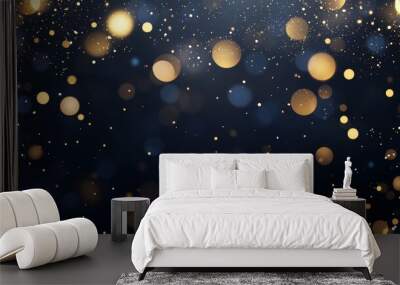 Glowing golden bokeh lights on dark background create warm festive mood, ideal for christmas cards or elegant designs. Twinkling lights bring celebration and joy to gatherings Wall mural