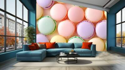 Indulge in colorful macarons for a sweet treat. Perfect for pastry concepts, the pastel colors add elegance to any project Wall mural