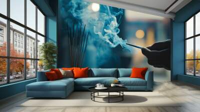 Lighting incense in a temple creates a spiritual ambiance, evoking peace and mindfulness. The aroma fills the air, enhancing the sacred atmosphere Wall mural