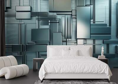 Metallic squares and rectangles of different sizes are overlapping, creating an abstract background with a modern and technological feel Wall mural