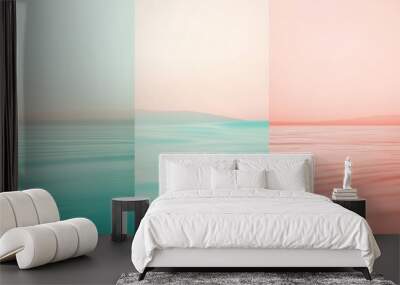 Minimalist pastel-colored triptych showcasing a serene ocean scene with subtle ripples and distant hills, evoking a sense of tranquility and peace Wall mural