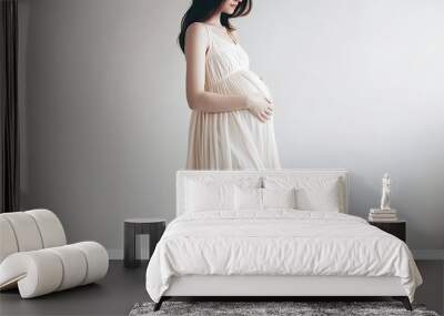 Pregnant woman without a face in dress holds hands on belly on a white background, generative AI Wall mural