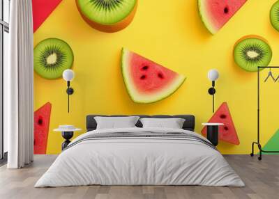 Slices of fresh watermelon, pineapple and kiwi fruit are arranged on a bright yellow, green and red background creating a summery look Wall mural