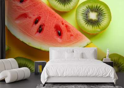 Slices of watermelon, pineapple and kiwi fruit are laying on a yellow and green background creating a fresh summer look Wall mural