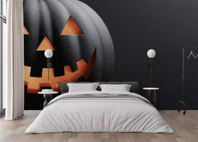 Spooky black jack o lantern is glowing on a dark background with copy space. This image is perfect for halloween projects Wall mural