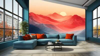 Stylized digital illustration of a mountain range bathed in the warm light of the setting sun with peaks fading from blue in the foreground to red in the distance Wall mural