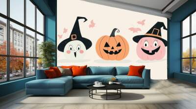 Three colorful pumpkins in witch hats smile and celebrate halloween, adding whimsical charm to autumn. Their playful costumes bring joy and excitement to the traditional holiday. Happy halloween! Wall mural