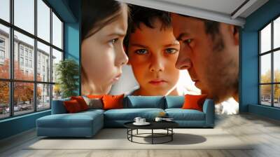 Two children and a man closely face each other, their expressions serious and focused. Wall mural