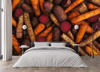 Vibrant orange carrots, white parsley roots, and deep red beets are creating a colorful and textured background, showcasing the beauty of fresh produce Wall mural