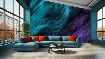 Vibrant turquoise and purple hair dyed in trendy style with abstract wavy pattern, adding luxury to beauty and fashion projects Wall mural