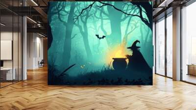 Witch is preparing a magic potion in her cauldron in a spooky forest at night, with bats flying around and a mysterious atmosphere Wall mural