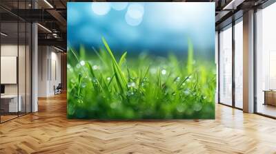 World environment day concept, green grass and blue sky abstract background with bokeh, generative AI Wall mural