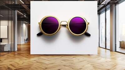 Round retro sunglasses, designer women's glasses with gold frames and purple lenses centered on white background, trendy fashion hipster sunglasses , fashion influencer, front view Wall mural