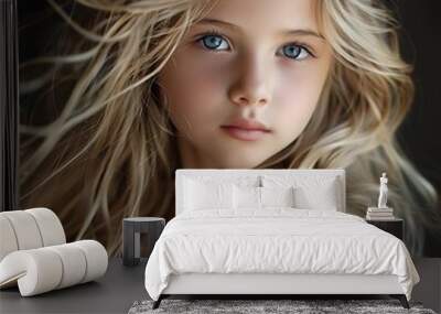 Beautiful girl children close-up long blonde hair Wall mural