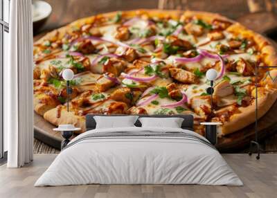 A BBQ chicken pizza topped with tender BBQ chicken, red onions, cilantro, and mozzarella cheese, all on a crispy crust.  Wall mural