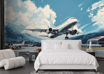 esign an image of a majestic airplane taking off from a busy airport runway, with various airport buildings and ground vehicles visible in the background.  Wall mural