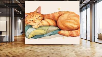 Illustrate a charming cat snuggled up next to a pile of soft pillows, with a peaceful expression and its tail wrapped around itself. Wall mural