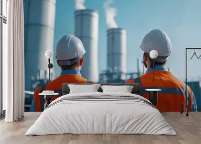  image features two construction workers in safety gear, observing power plant with smoke stacks. Their focused expressions reflect importance of safety and teamwork in industrial settings.  Wall mural