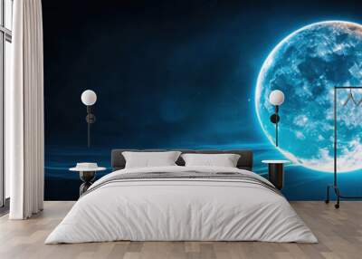 A glowing blue planet, radiating a mystical energy, suspends in a dark void, surrounded by ethereal smoke, evoking a sense of cosmic wonder and the vastness of space.  Wall mural