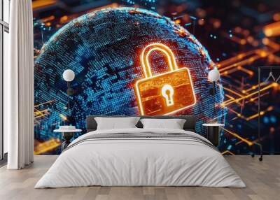 Digital globe security lock technology data protection cyber security global network internet safety encryption digital world virtual security glowing lock abstract design futuristic information techn Wall mural