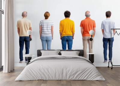 Five individuals stand with their backs to the camera, their diverse attire hinting at unique stories and experiences waiting to unfold.  Wall mural