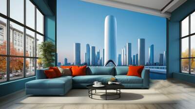 modern city skyline featuring futuristic architecture, with prominent tall structure and sleek buildings under clear blue sky. scene conveys sense of innovation and progress Wall mural