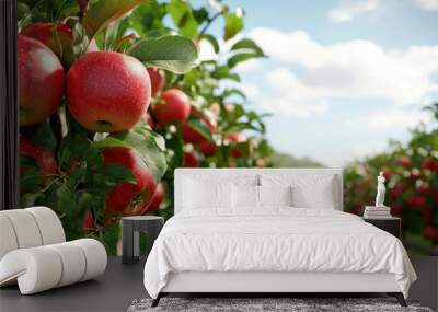 Rows of apple trees laden with ripe, red apples stretch into the distance under a bright blue sky.  Wall mural