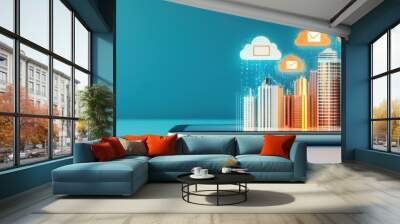 smartphone displaying glowing icons representing privacy settings and urban elements, symbolizing digital security and modern technology.  Wall mural