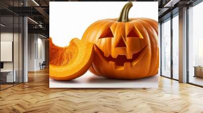 A carved pumpkin with a spooky, smiling face, glowing in the dark, symbolizing Halloween and the autumn season on white background Wall mural