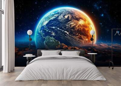 Earth, Moon, and Sun in Space with a Night Sky Wall mural