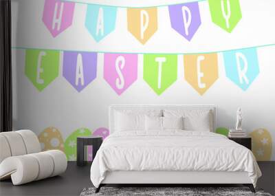 Happy Easter Card. Garland with inscription Happy Easter.  Garland of colorful flags and eggs.  Cute colorful spring greeting card for Easter holiday. Vector illustration isolated on white background. Wall mural