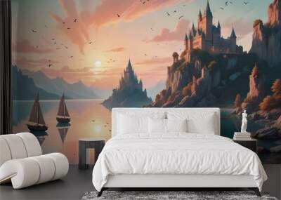 A fantasy landscape with a castle on a cliff, sailboats on a lake, and a dramatic sunset sky with birds flying Wall mural