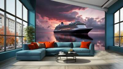 A large cruise ship sailing on the ocean at sunset, with dramatic clouds in the sky and the ship's reflection visible in the water Wall mural