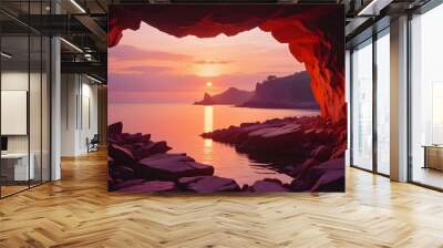 A rocky cave opening with a view of a distant island or rock formation in the ocean at sunset, with the sky reflecting in the calm waters below Wall mural