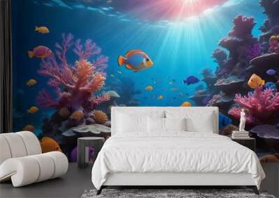 A vibrant underwater coral reef scene with colorful tropical fish swimming among the coral formations, with sunlight streaming down from the surface of the water Wall mural