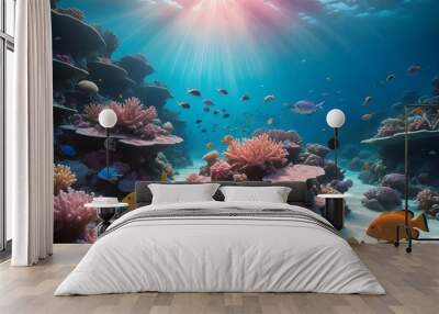 A vibrant underwater coral reef scene with colorful tropical fish swimming among the coral formations, with sunlight streaming down from the surface of the water Wall mural