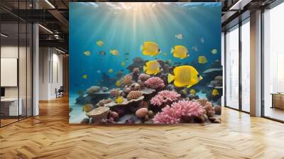 A vibrant underwater coral reef scene with colorful tropical fish swimming among the coral formations, with sunlight streaming down from the surface of the water Wall mural