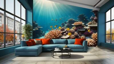 A vibrant underwater coral reef scene with colorful tropical fish swimming among the coral formations, with sunlight streaming down from the surface of the water Wall mural