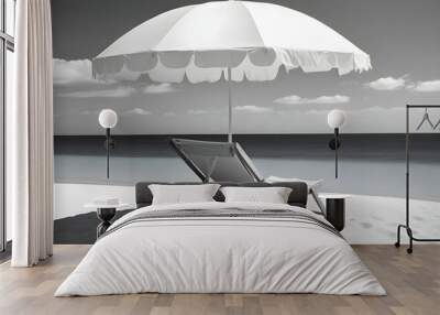 A white beach umbrella and lounge chair floating in a calm Wall mural