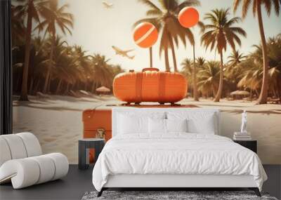 An orange suitcase floating in the air with palm trees, beach balls, and an airplane in the background, suggesting a tropical vacation or travel theme Wall mural