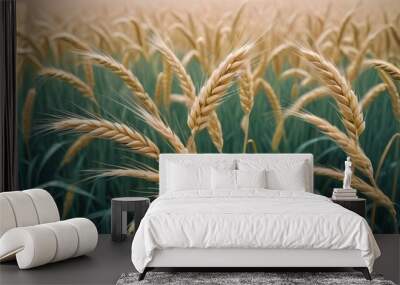 Golden wheat field with ripe ears of wheat, blurred background Wall mural