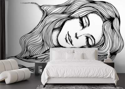 Portrait of a sleeping girl with long hair. Vector hand drawn illustration. Monochrome drawing isolated on white background Wall mural