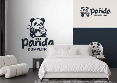 A cute panda eats dimsum dumpling  gyoza jiaozi shumai xiao long bao mandu from bowl with chopsticks. Mascot logo design for asian chinese korean japanese oriental cuisine restaurant. Wall mural