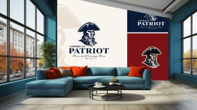 Classic Continental American Patriot Face Silhouette. Vintage United States Revolution War Army Soldier with Tricorn Hat Illustration Logo Design Wall mural