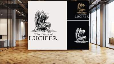 Dead Body Lucifer Corpse Angel on Grave Silhouette. Winged Zombie Slumped Helplessly with Gothic Dark Art Style for T Shirt Illustration logo design Wall mural