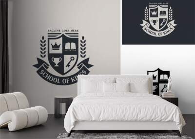 King crown, book, champion trophy cup, skeleton key and scroll ribbon for Family Emblem or Kingdom Realm Coat of Arms or School University Badge logo design Wall mural