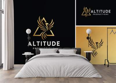 Rising Golden Phoenix with Triangle. Initial Letter A with Flying Fenix Bird logo design Wall mural